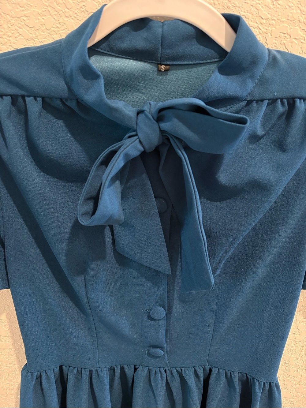 Women’s' Teal Bow Neck Short Sleeve Button Up Dress - Picture 2 of 6